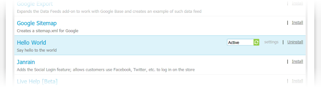 The Hello World add-on in the CS-Cart admin panel add-on list