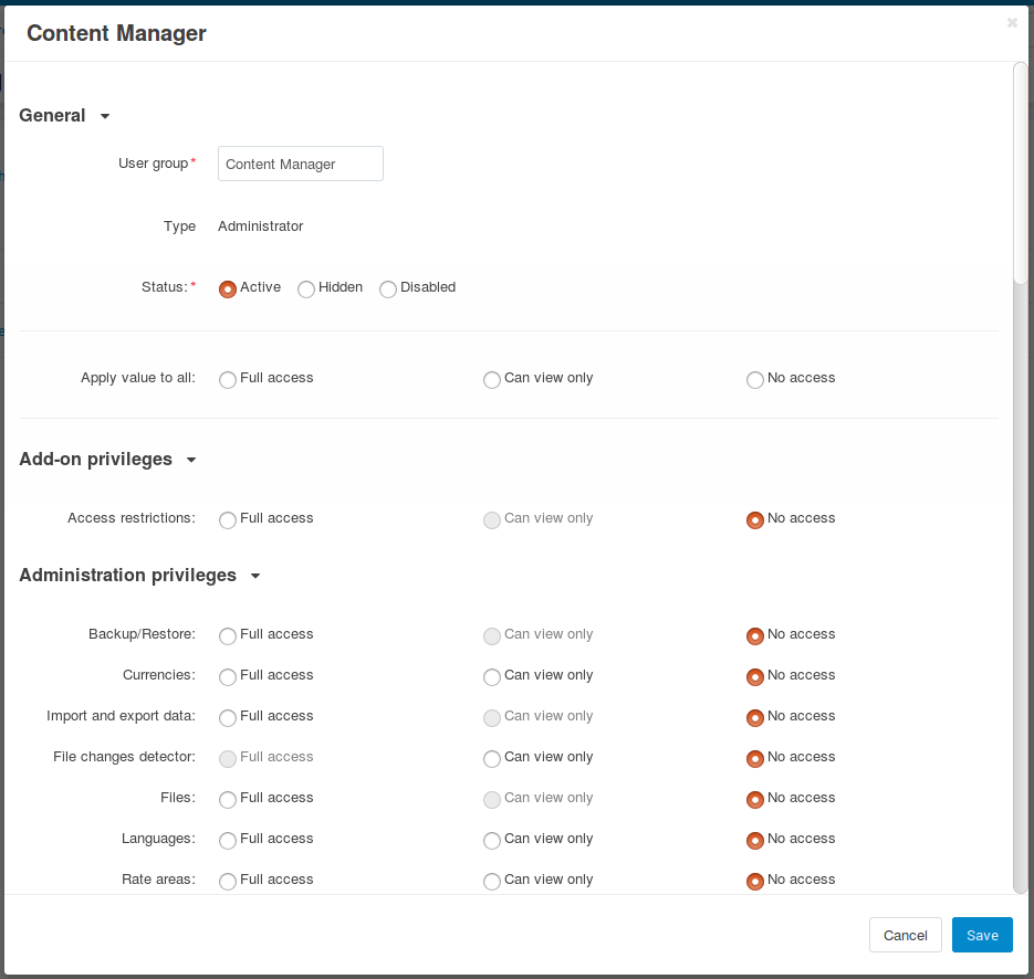 Tick the checkboxes next to the privileges you want to grant to the group.
