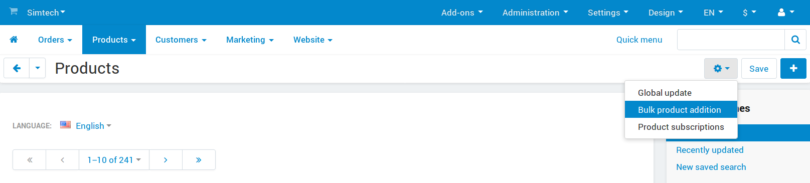 Click the gear button and choose "Bulk product addition".