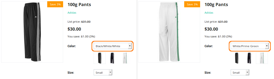 If you followed the steps described this article, the main image of the product will change when customers choose a different option combination.