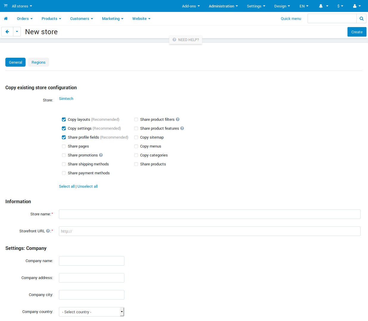 The page for creating a new storefront in CS-Cart.
