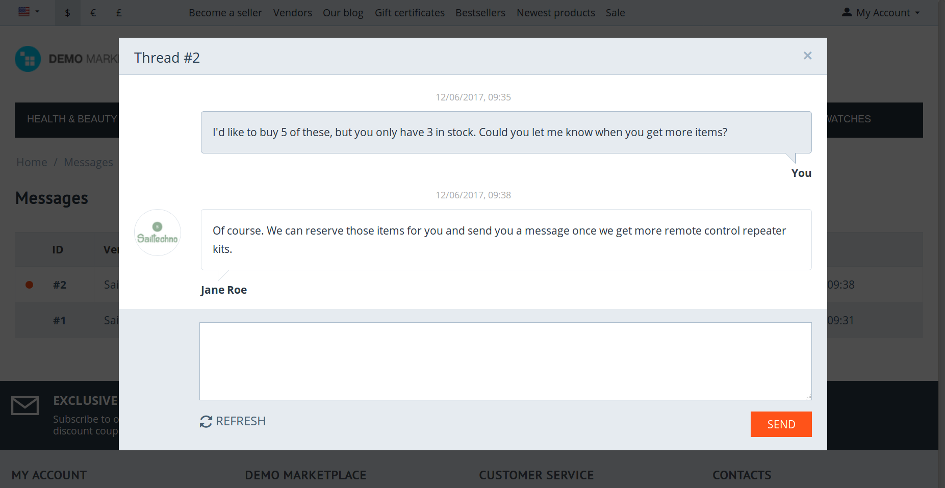 Replying in a customer's thread in Multi-Vendor.