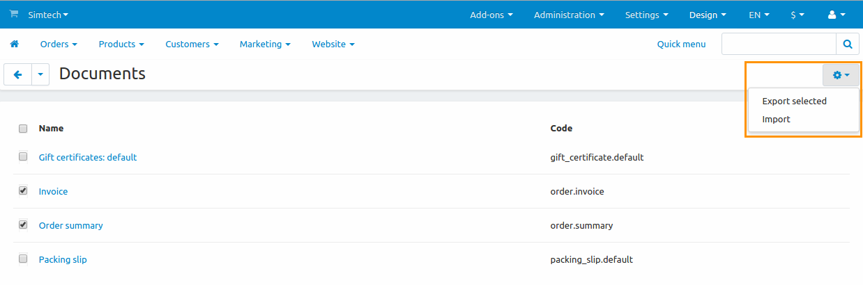 Use the gear button to export and import documents.