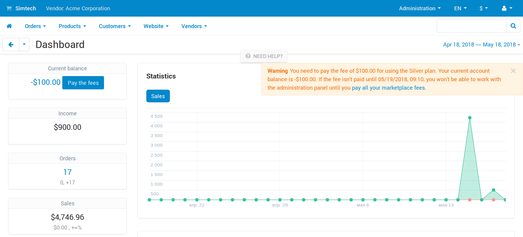 A warning about vendor's debts in the admin panel.