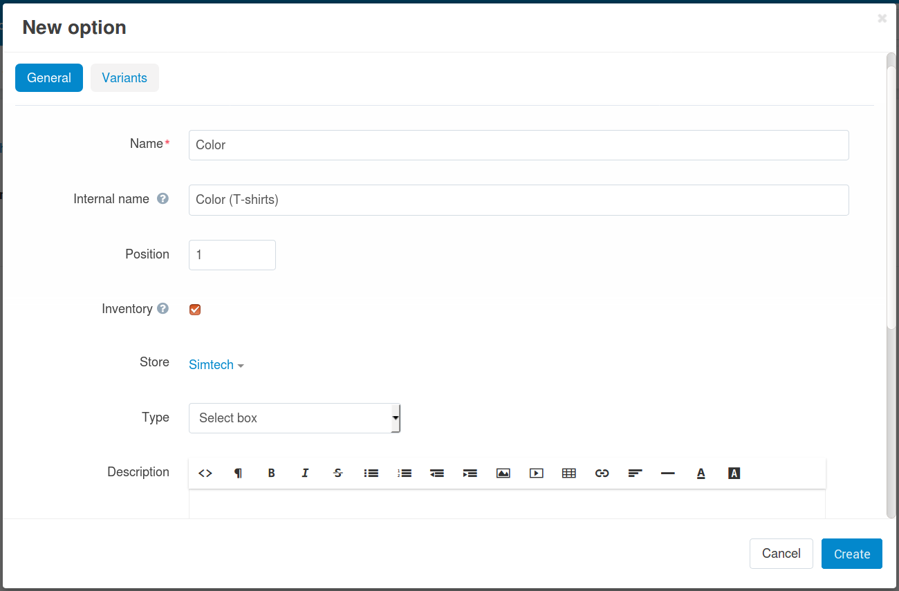 The option creation pop-up window in CS-Cart