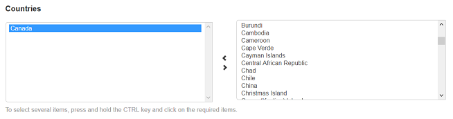 The "Countries" section of the rate area editing page in CS-Cart and Multi-Vendor.