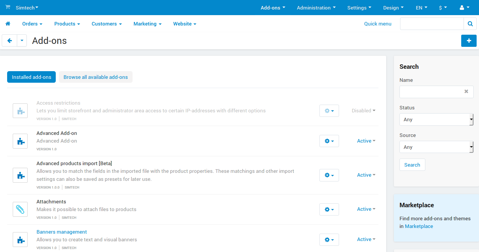 The Manage add-ons section