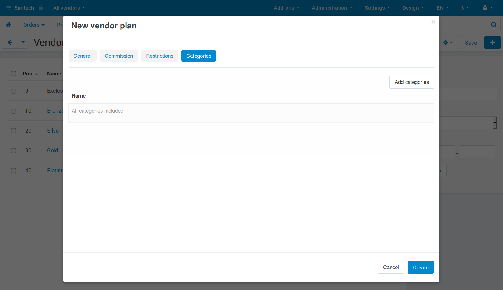 The "Categories" tab of a vendor plan.