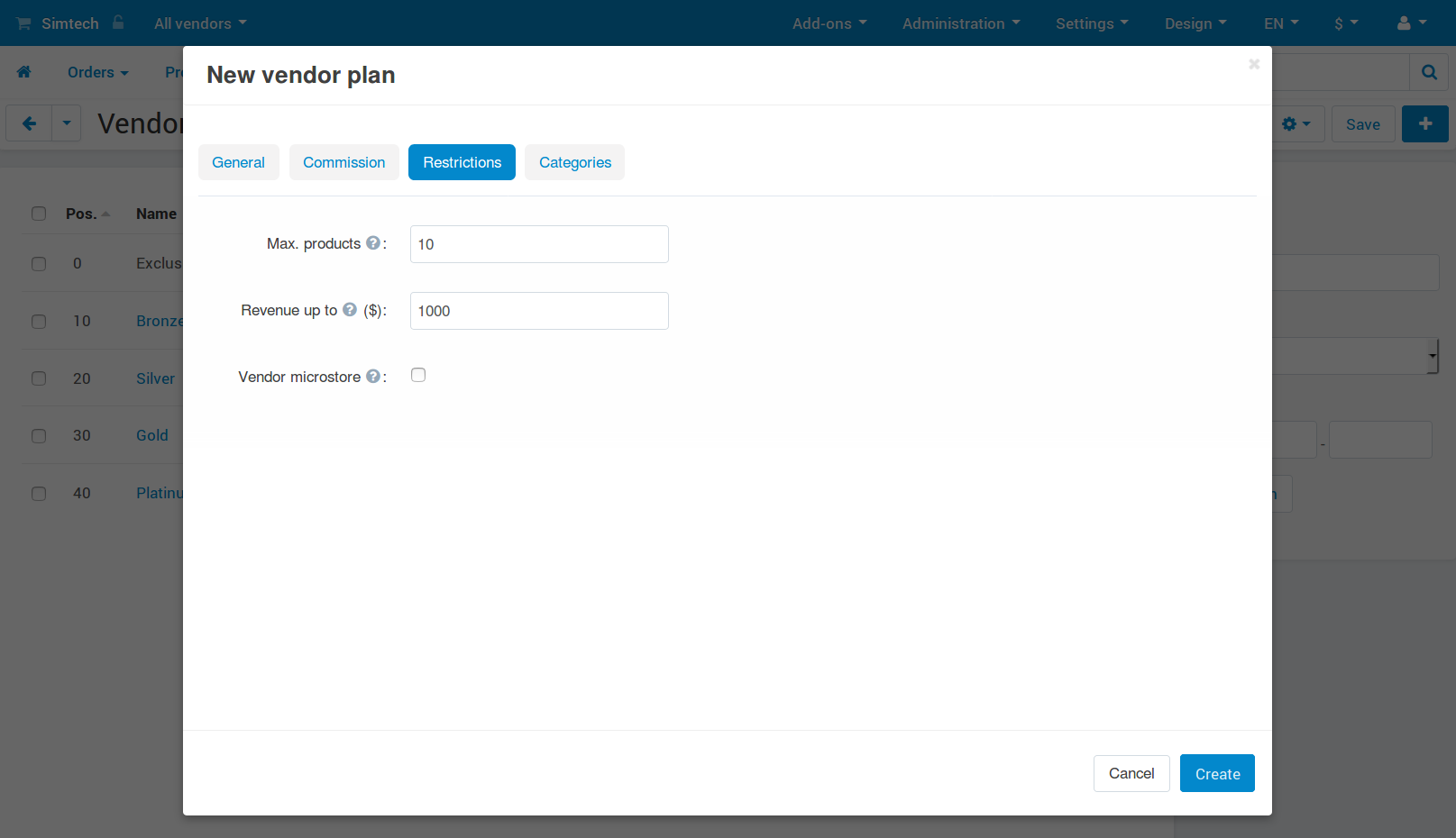 The "Restrictions" tab of a vendor plan.