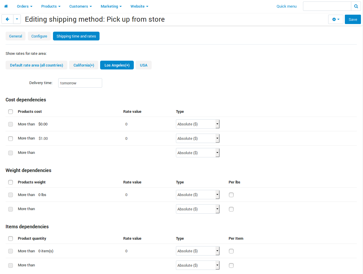 The rate areas where the shipping method is available are marked with the plus sign (+)