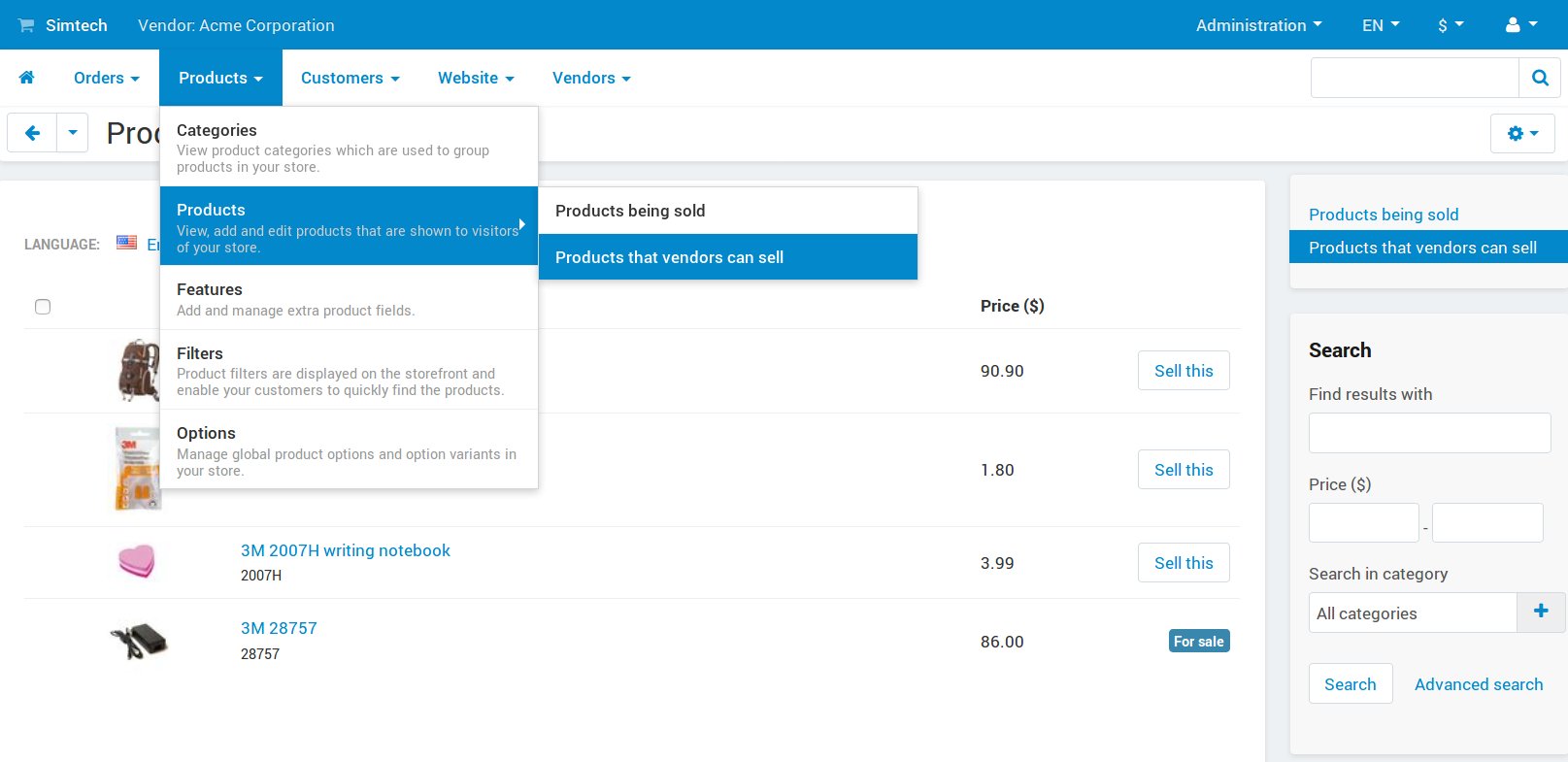 Vendors can choose to sell the products added by marketplace owner.