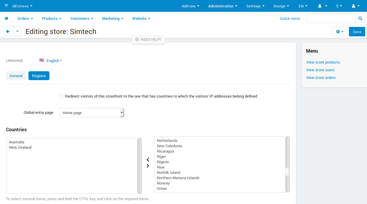 Assign countries to the storefront for the global entry point to redirect visitors choosing those countries to the specified storefront.