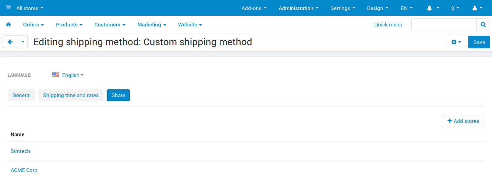 Use the Share tab to share objects among storefronts.