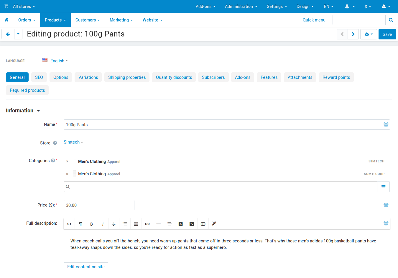 Select a category from the different store for the product.