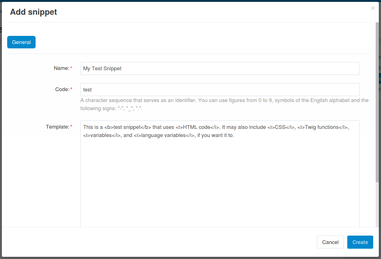 The popup window with snippet properties.
