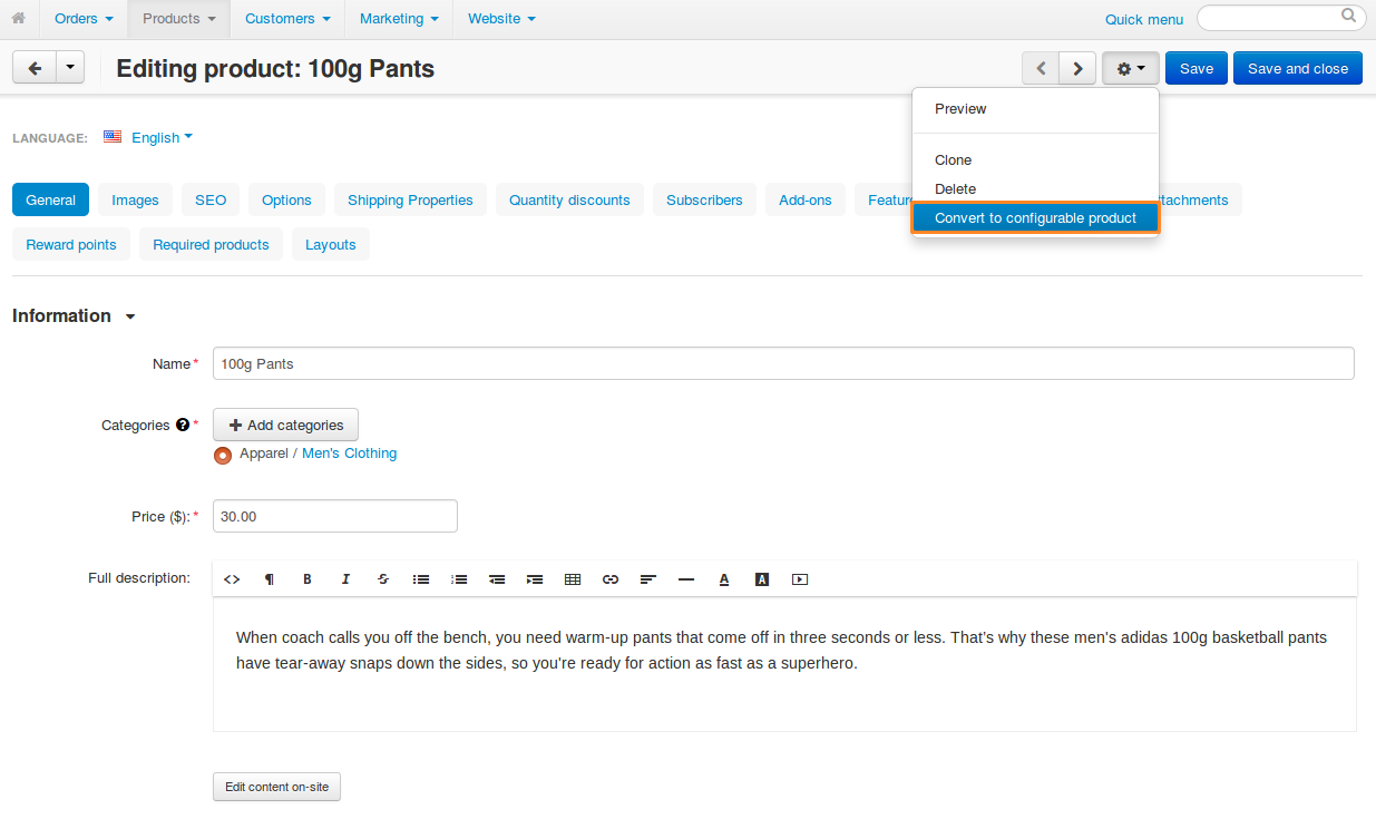 Click "Convert to configurable product" to replace option combinations with product variations.