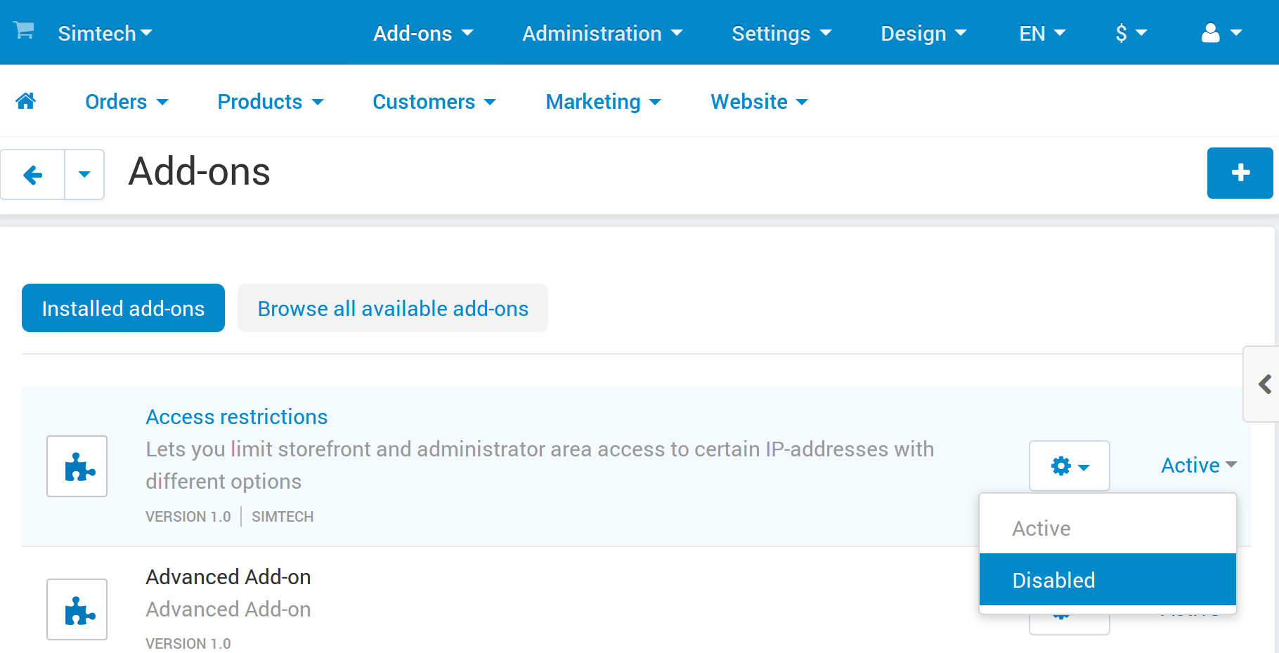 Enable/Disable add-ons