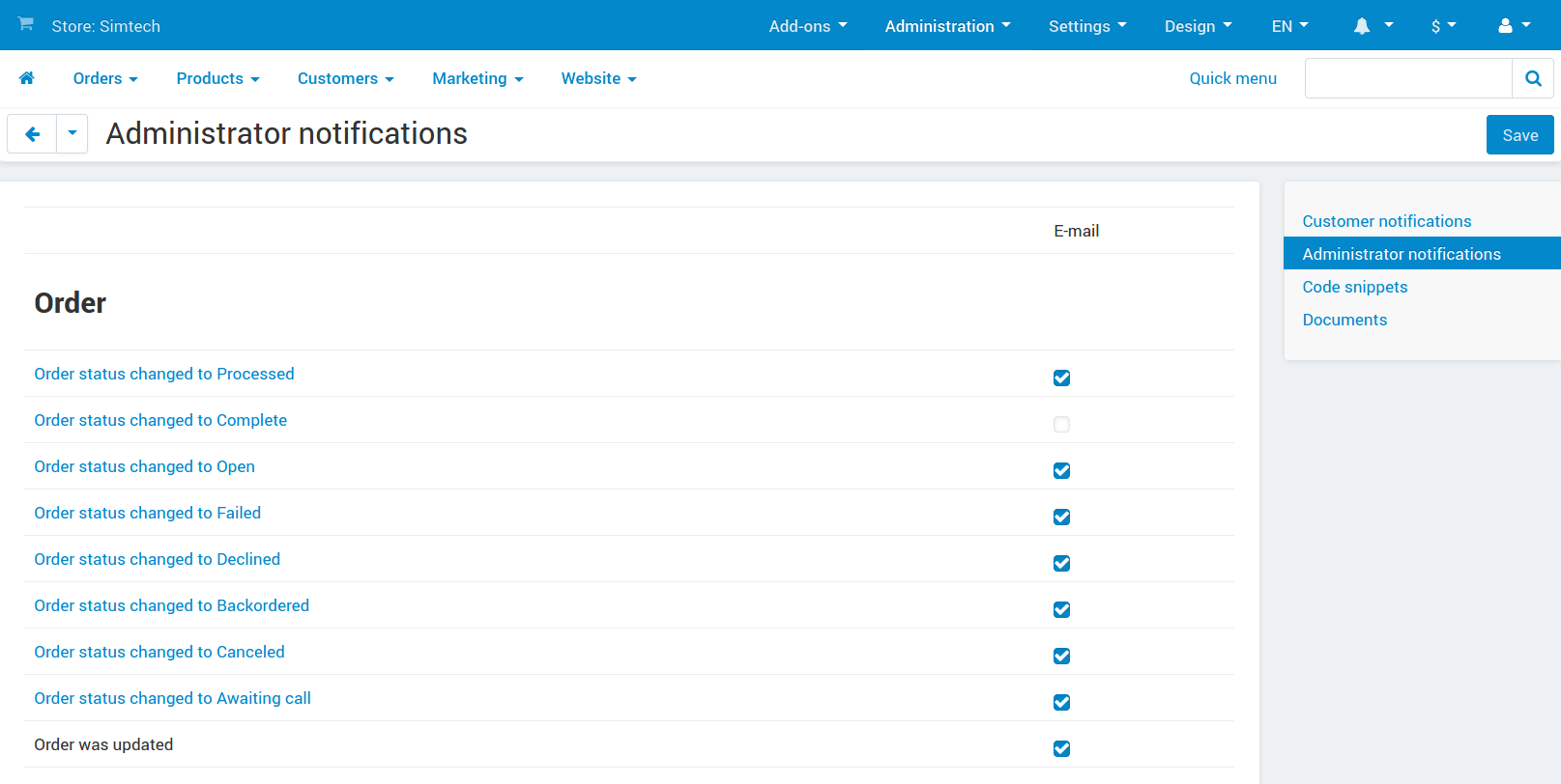 Disabling an email notification about a certain order status.