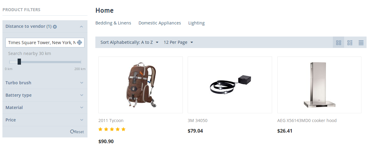 Products can be filtered by distance from a specified location.