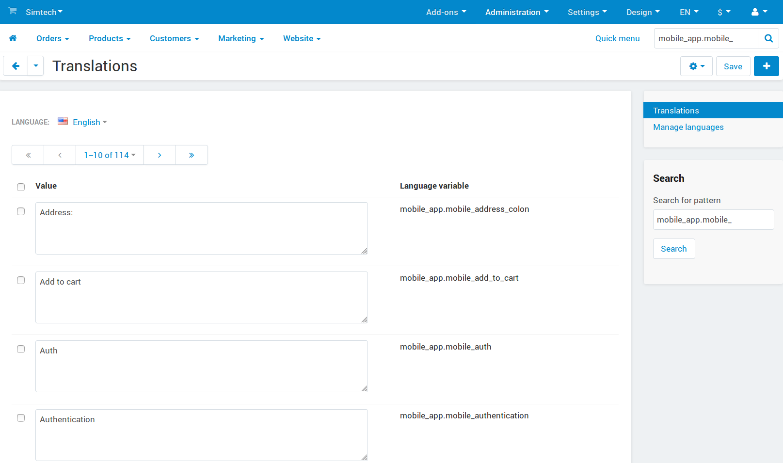 Searching for the texts of the mobile app in Multi-Vendor admin panel.