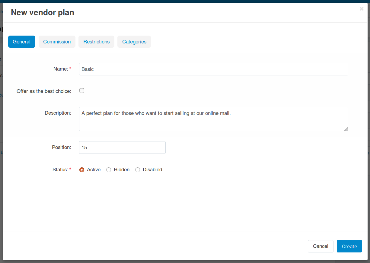 The "General" tab of a vendor plan.