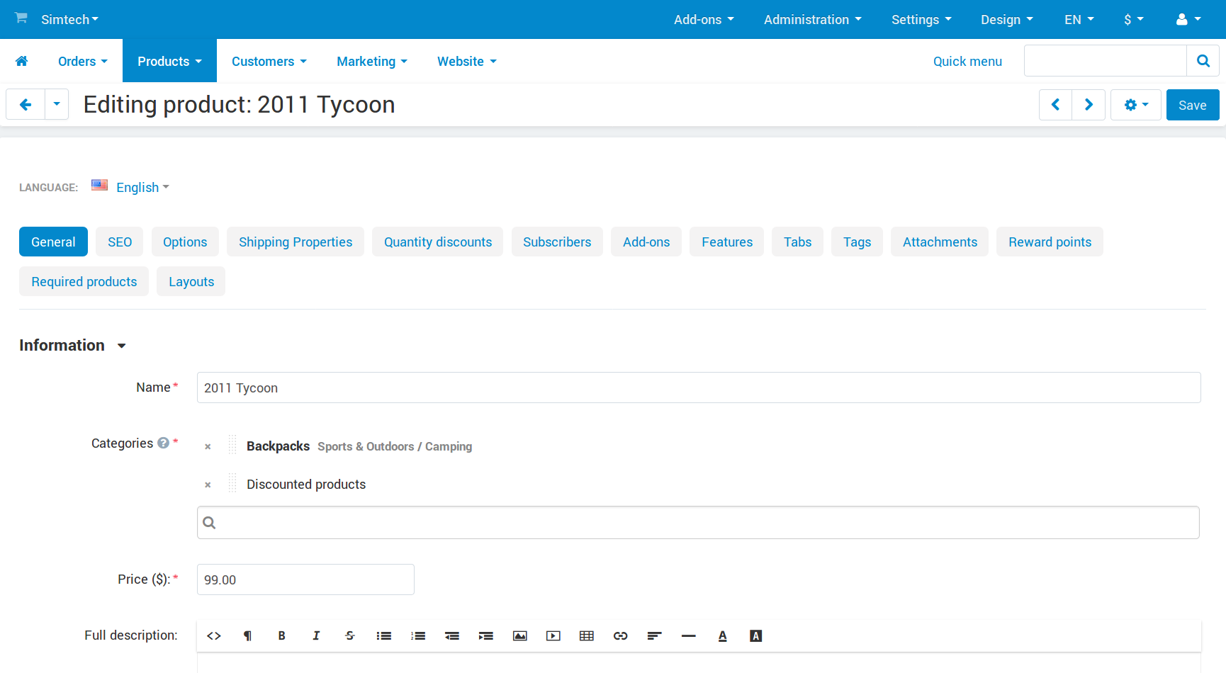 Tabs with properties on the product editing page.