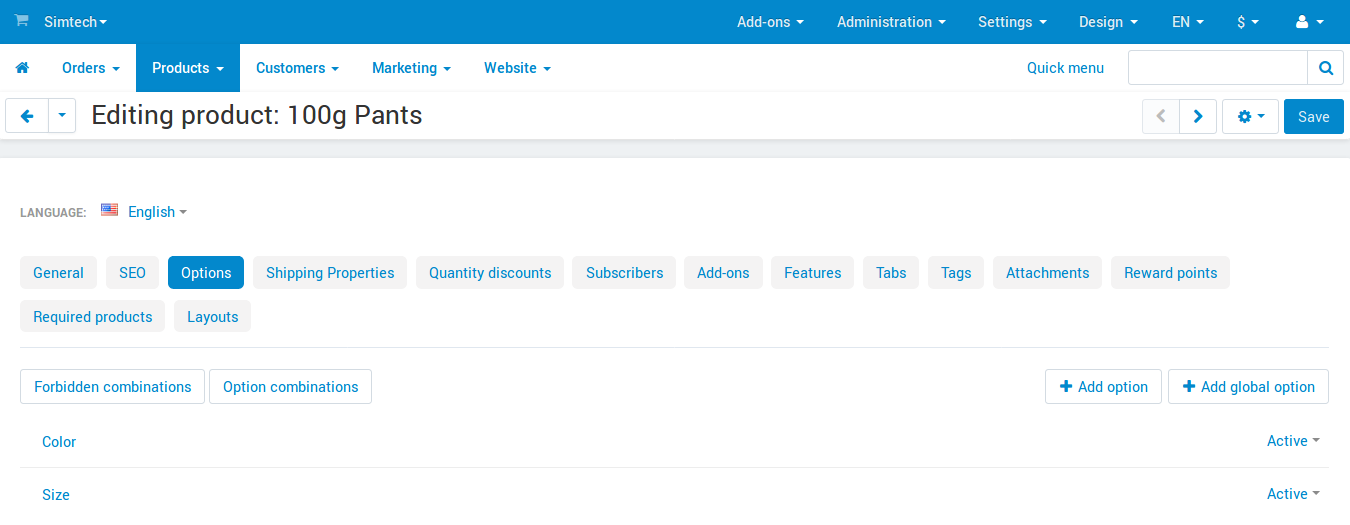 The "Options" tab of the product editing page.