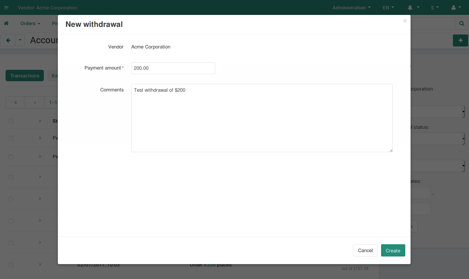 Fill in the fields in the withdrawal creation pop-up.
