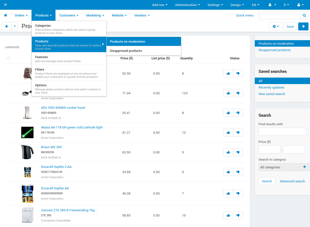 A menu section for pending products that require approval.