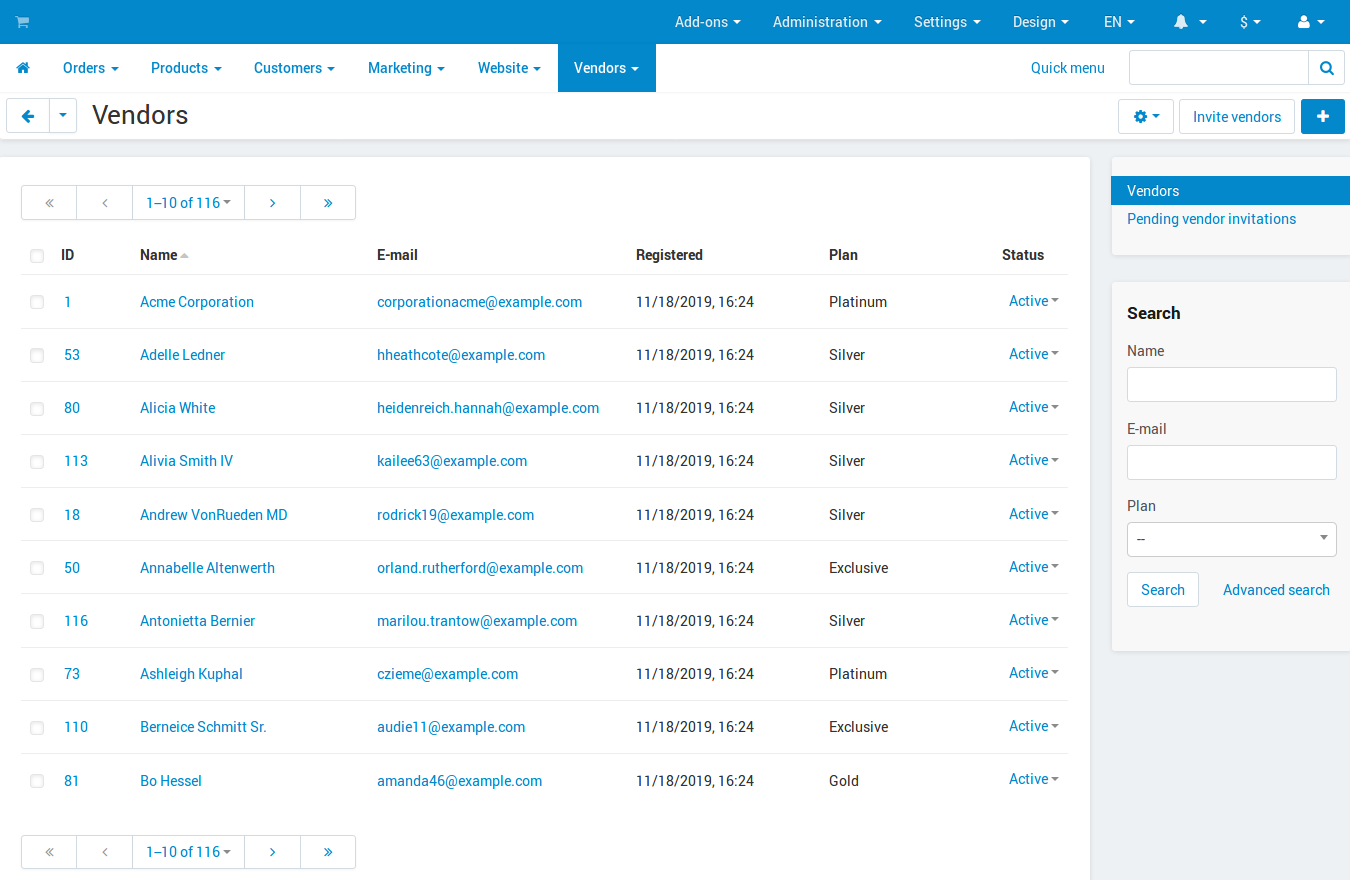 A list of vendors in Multi-Vendor.