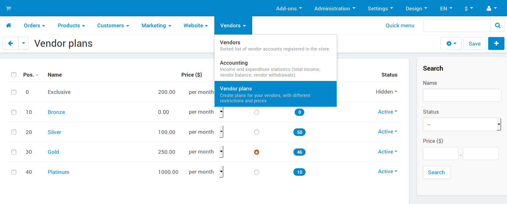 Vendor plans as they appear in the Administration panel.