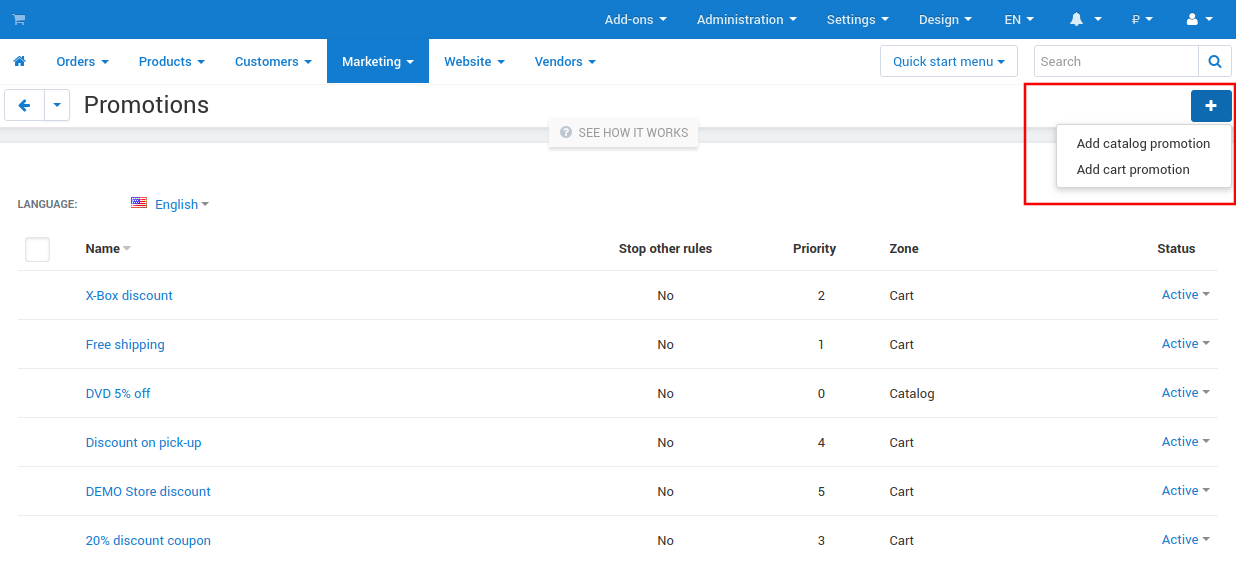 The "Marketing → Promotions" page allows you to create cart and catalog promotions.