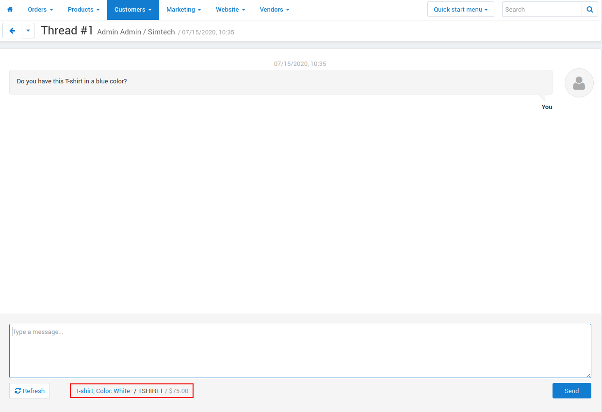 A link to the product page from which the message has been sent, in the dialogue between the customer and the vendor