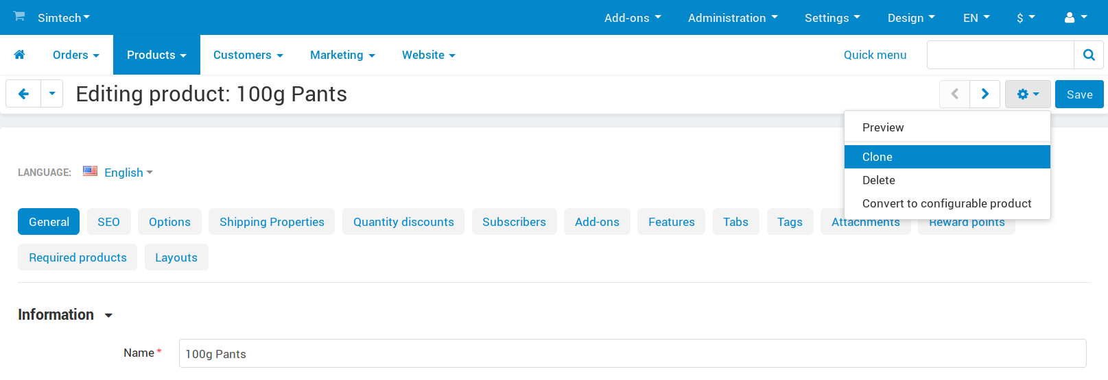 Cloning a specific product from the editing page.