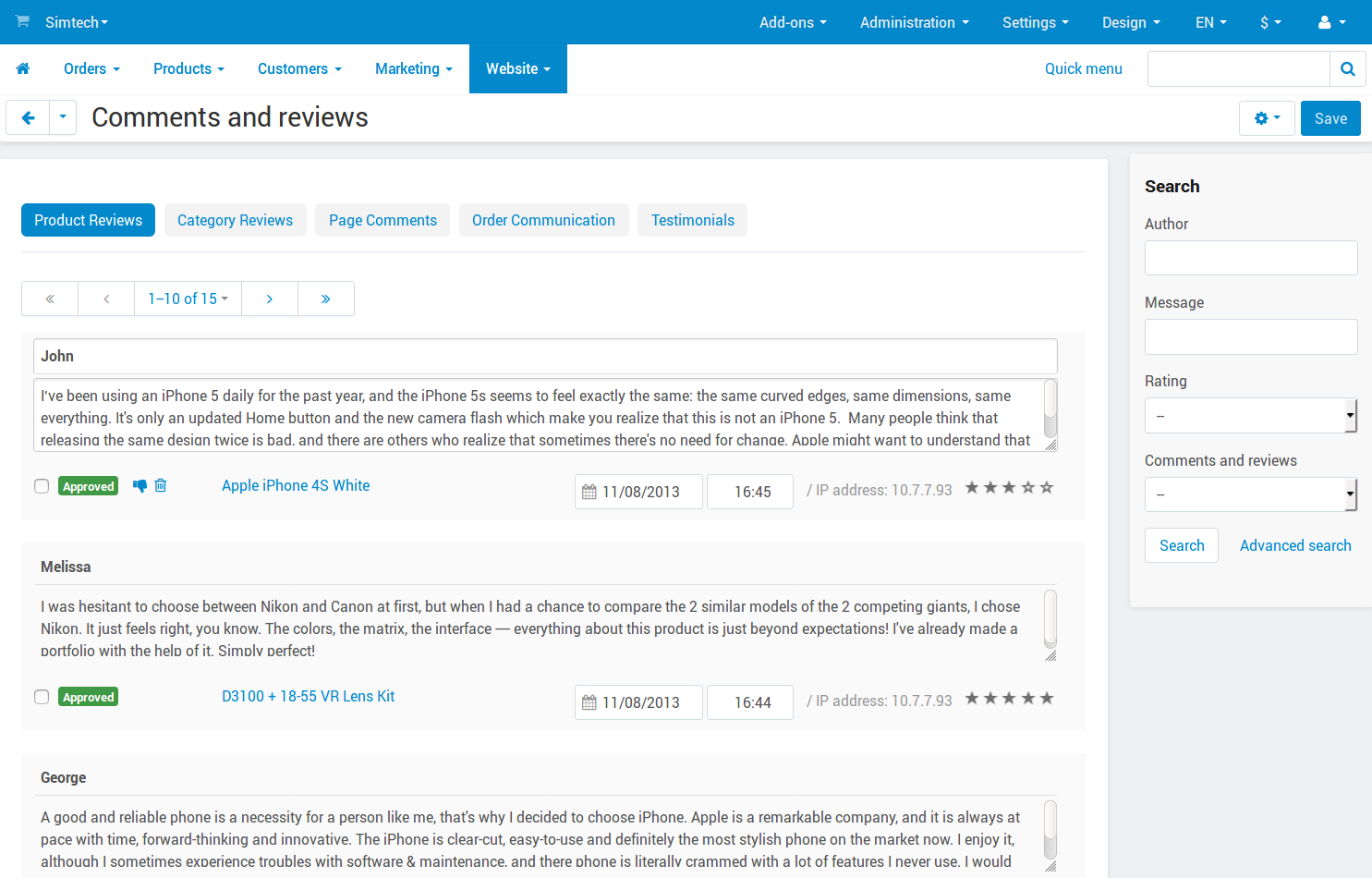 Browse and edit reviews and comments under Website → Comments and reviews.