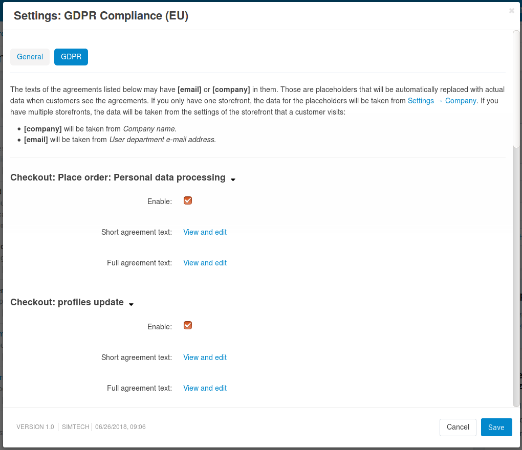 The notices about personal data processing can be edited separately from each other.