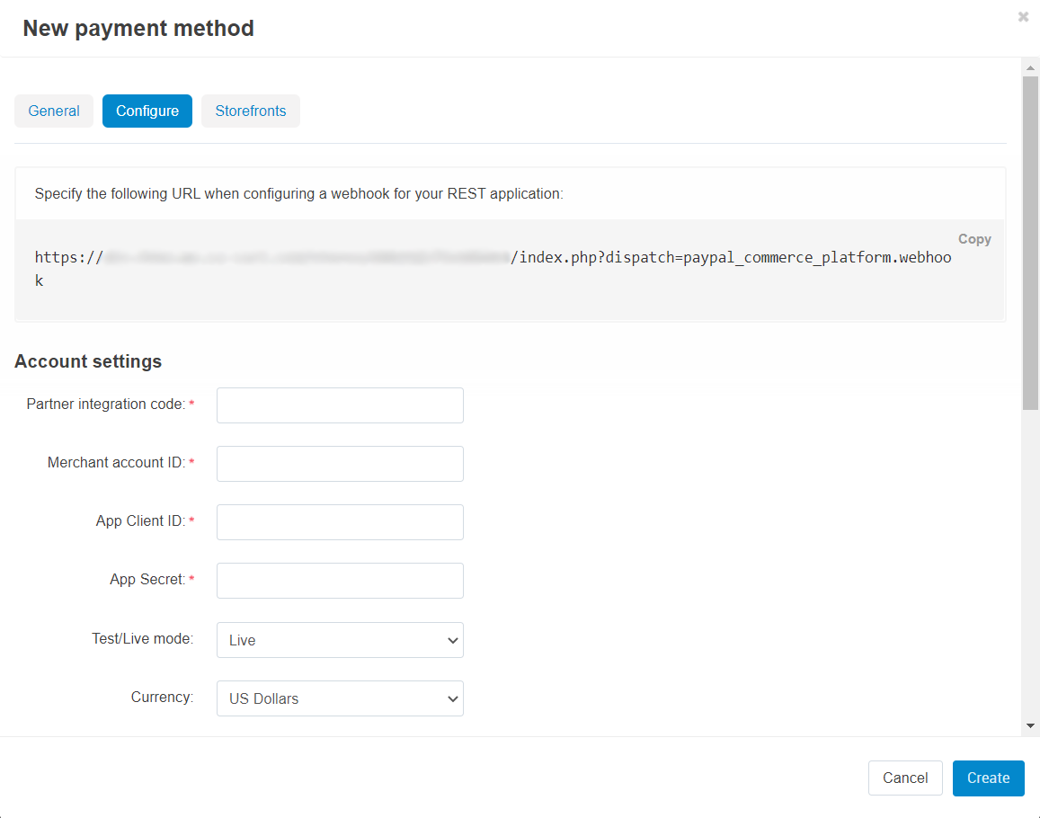 Configure tab in the settings of the paypal commerce platform add-on