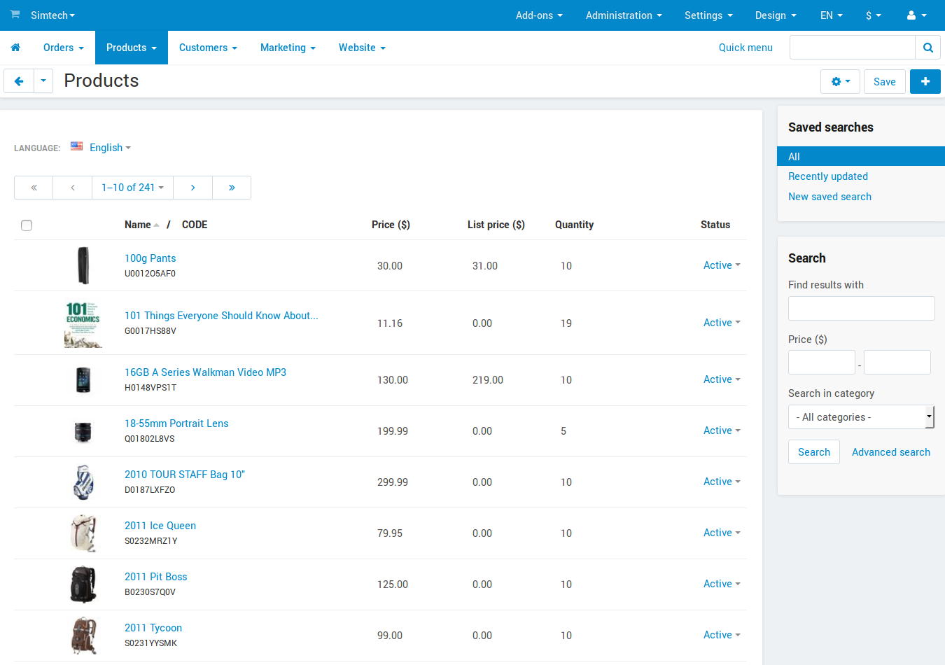 The product list in CS-Cart admin panel.