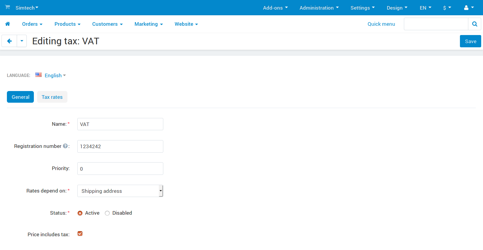 The tax editing page in CS-Cart and Multi-Vendor.