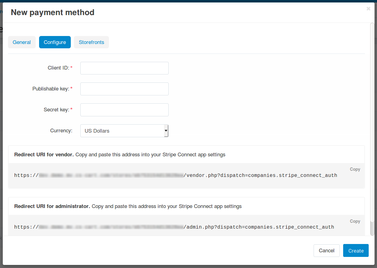 The Configure tab of the Stripe Connect payment method.