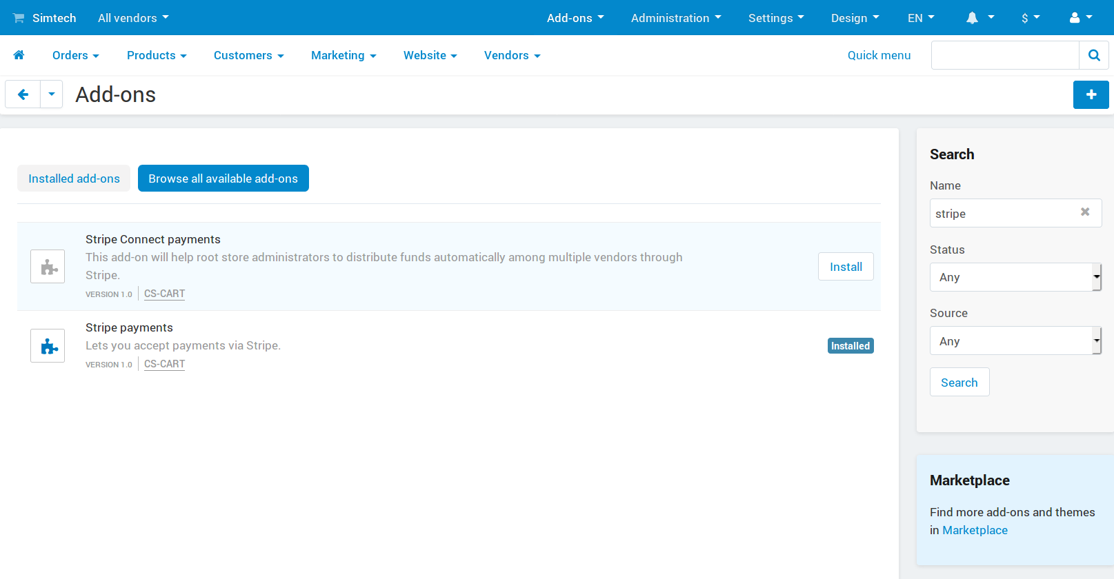 Find and install the Stripe Connect Payments add-on.