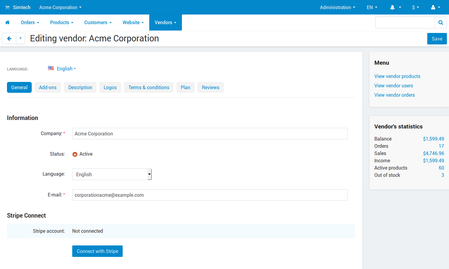The "Connect with Stripe" button that vendors can use to connect their accounts.
