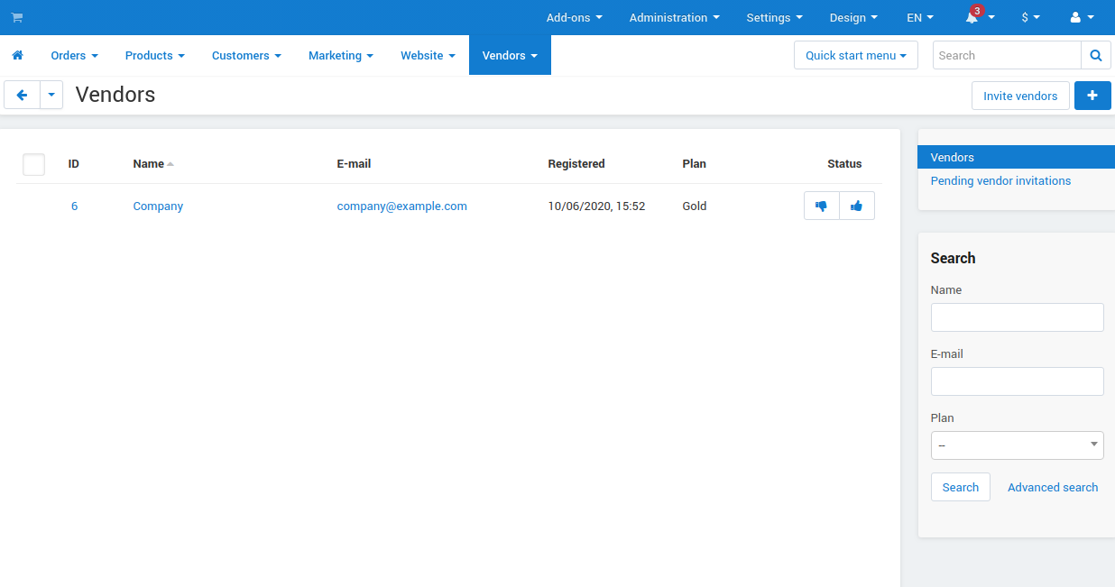 Managing vendors page