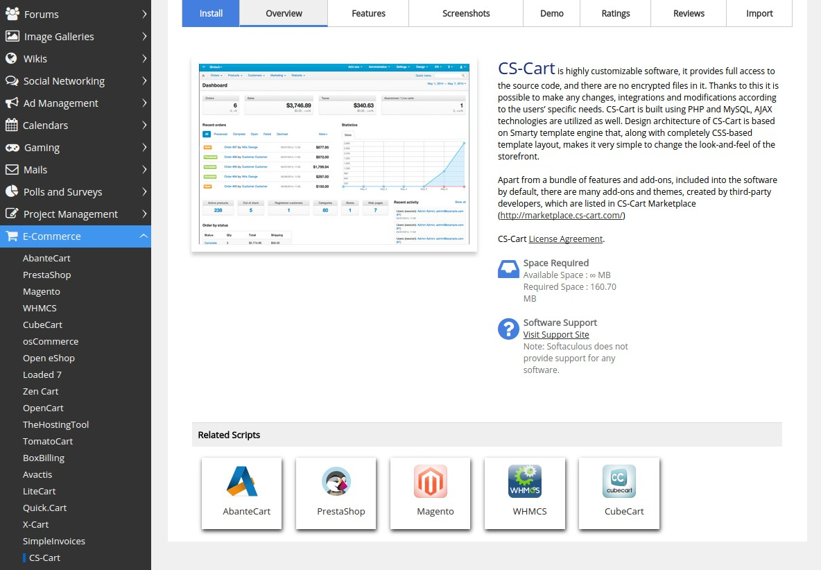 You can find CS-Cart in the E-commerce section of Softaculous.