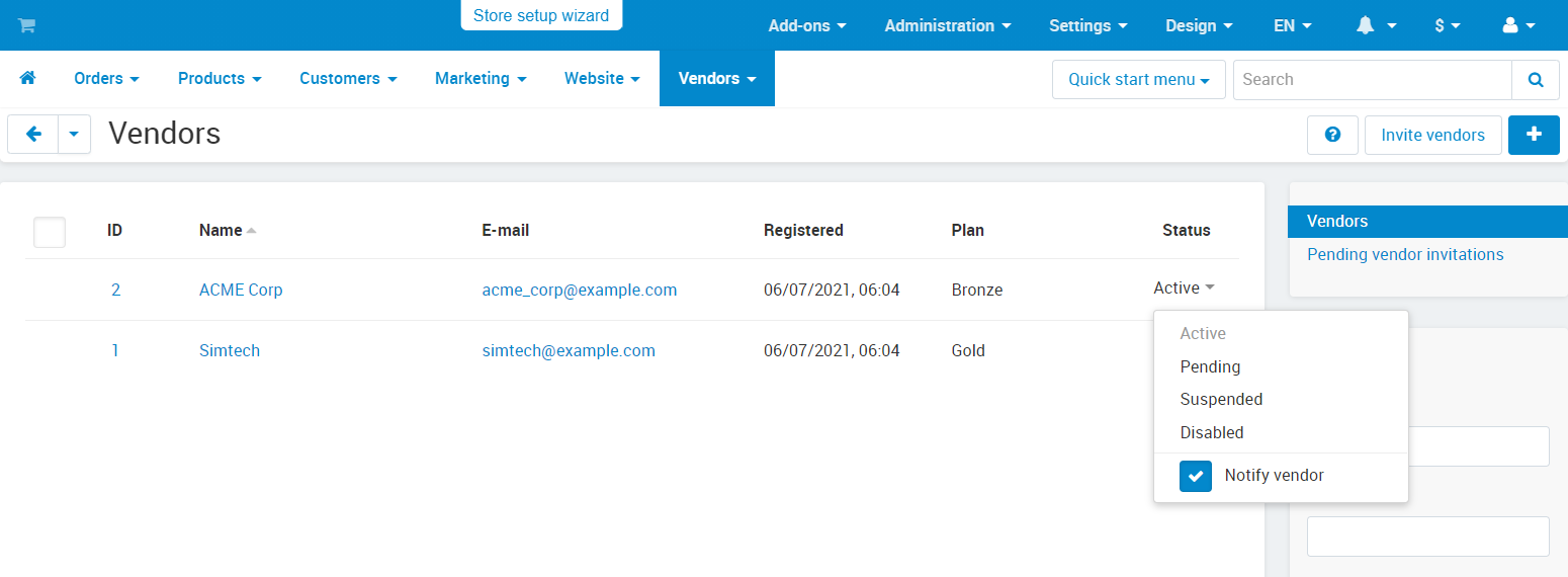 You can change a vendor's status in Multi-Vendor administration panel at any time.