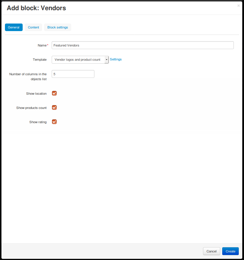 Template settings for the block with featured vendors.