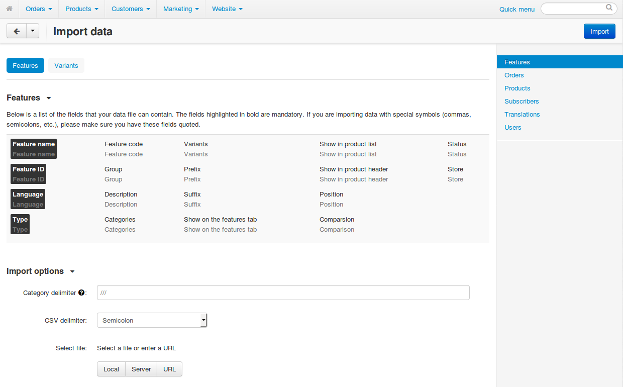 Different types of data have different imported fields and required settings.
