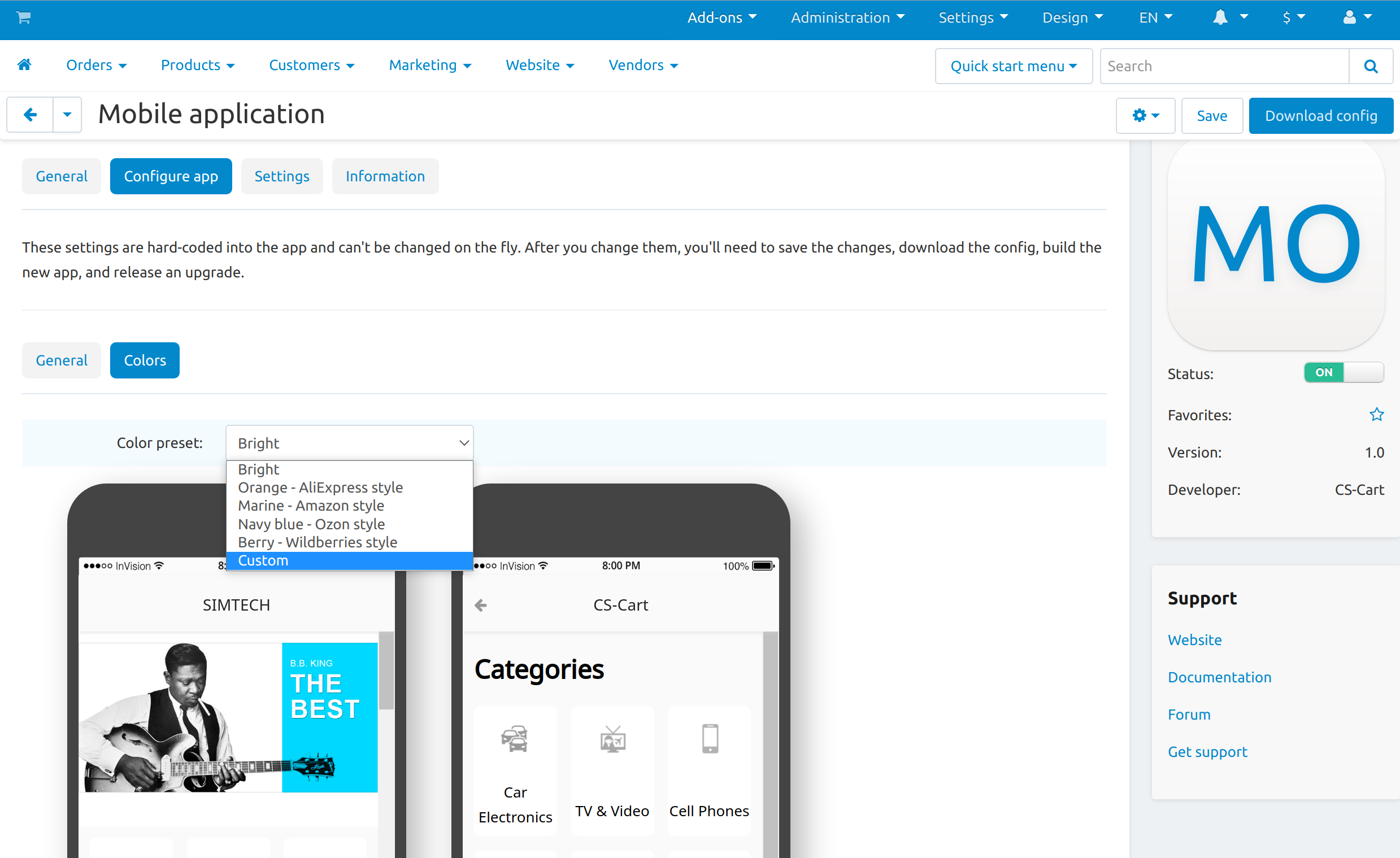 The interface for editing the colors of your mobile application.