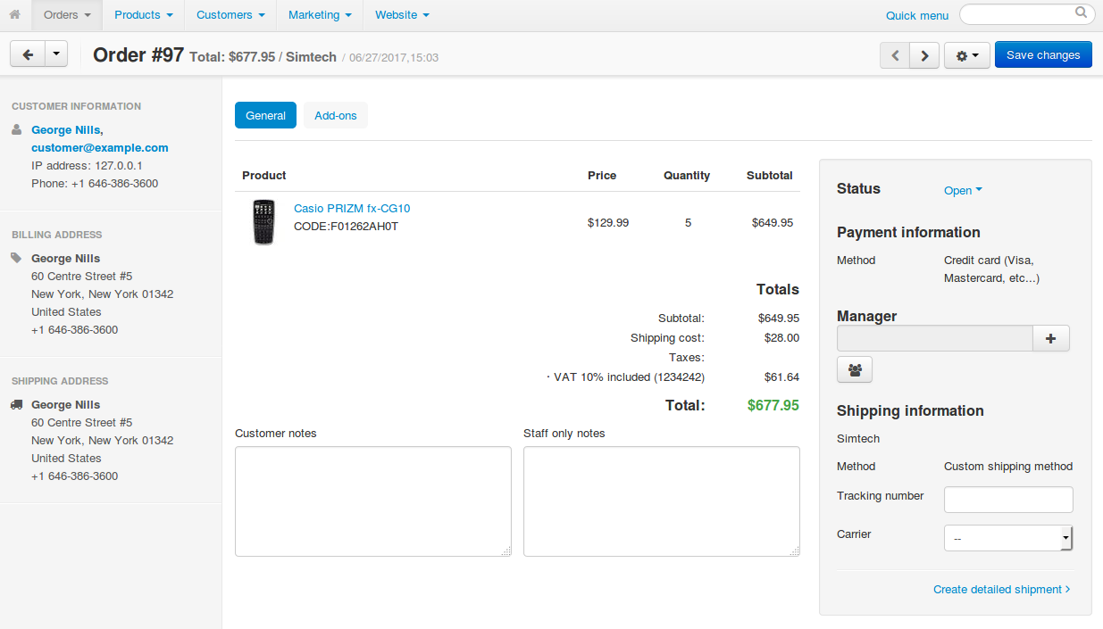 You can add comments to the order, assign a manager, and create shipments.