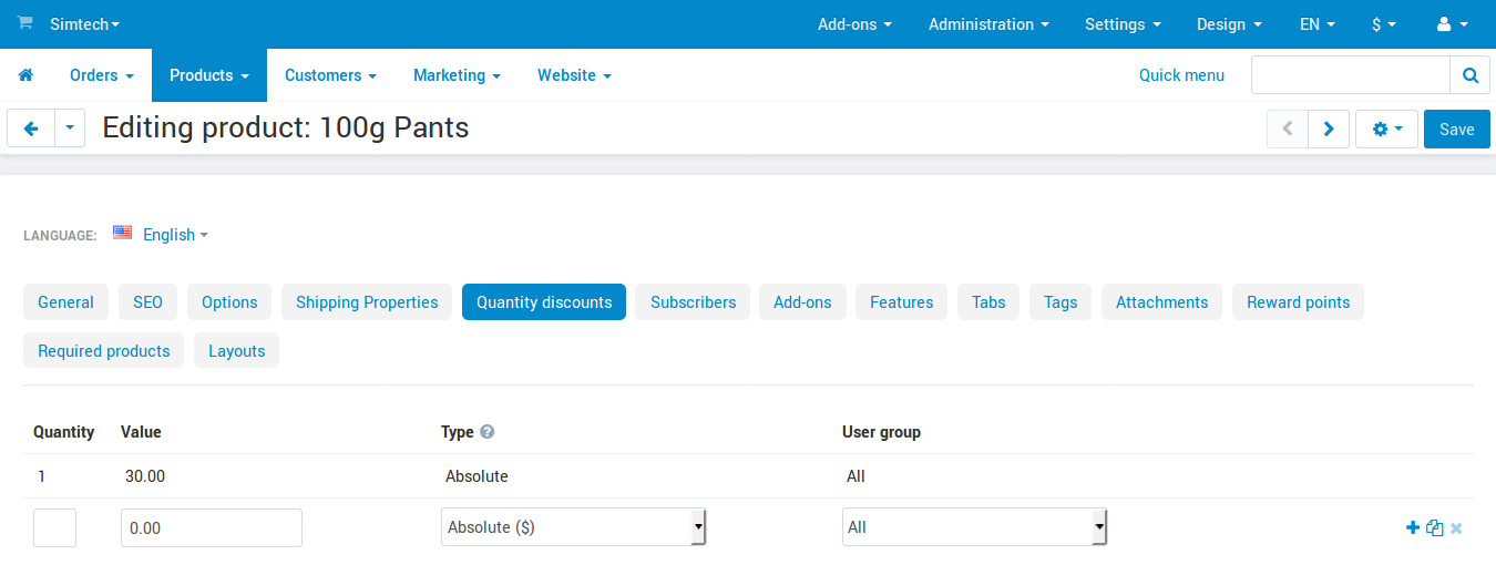 Configuring quantity discounts in CS-Cart.